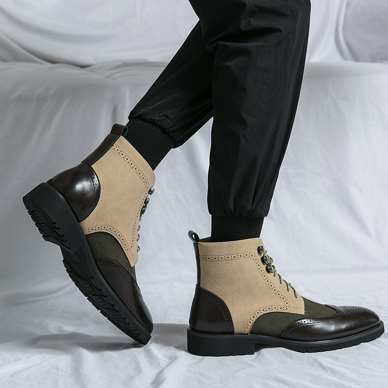 Cizme pentru bărbați, de modă, de epocă, cizme de cowboy pentru motociclete, cu șireturi, verzi, europeni și pentru bărbați, pantof brogue, respirabil, pantof de afaceri Chelsea