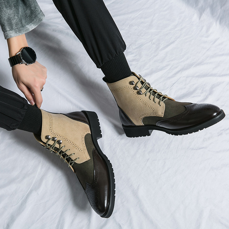 Cizme pentru bărbați, de modă, de epocă, cizme de cowboy pentru motociclete, cu șireturi, verzi, europeni și pentru bărbați, pantof brogue, respirabil, pantof de afaceri Chelsea