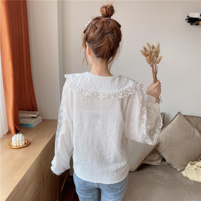 Blūzes Krekli Sieviešu Pēteris Pens Apkakle Mežģīnes Patchwork Salda Eleganta Laternas Piedurknes Korejiešu Stils Rudens Studenti Vintage Mode