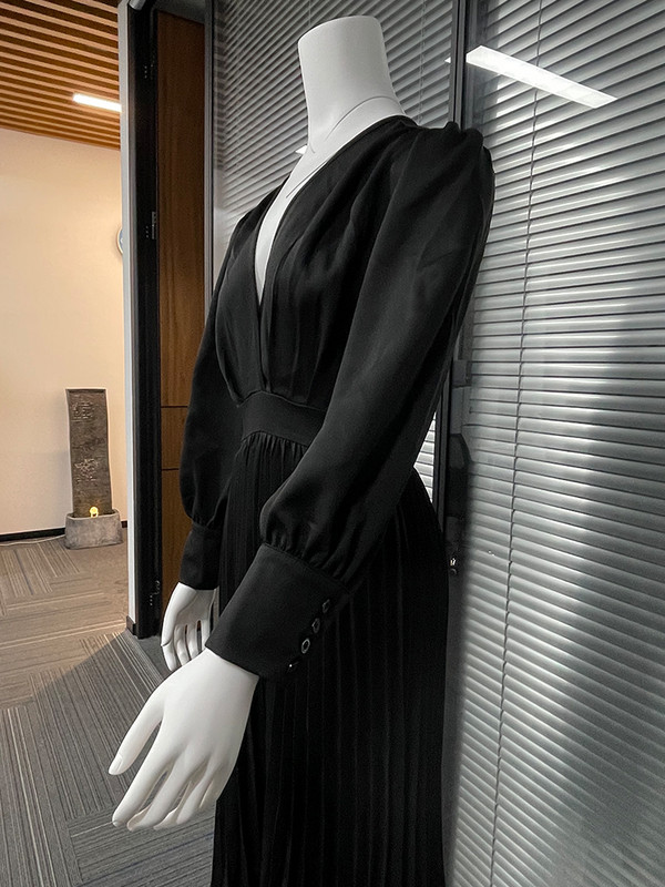 D​rauuing rochii negre până la gleznă femei cu decolteu în V cu mâneci lungi largi, elegante, la birou, rochii pliabile pentru femei, toamna nou