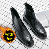 Muške čizme od  kože s krznom Tople zimske Chelsea čizme Slip On Formalne Oxford gležnjače Patchwork Zimske cipele Muške