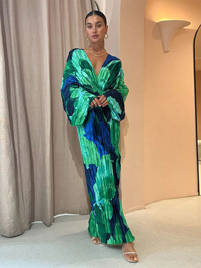 Elegantna haljina s V-izrezom i printom dugih rukava za žene Patchwork Split Maxi haljine 2023. Ljeto Jesen Chic Odmor Blagdanske Vestidos