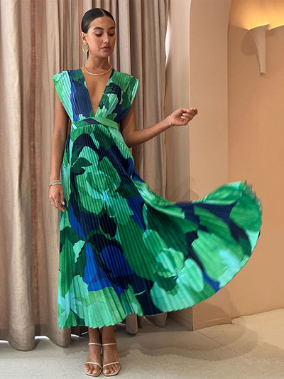 Elegantna haljina s V-izrezom i printom dugih rukava za žene Patchwork Split Maxi haljine 2023. Ljeto Jesen Chic Odmor Blagdanske Vestidos