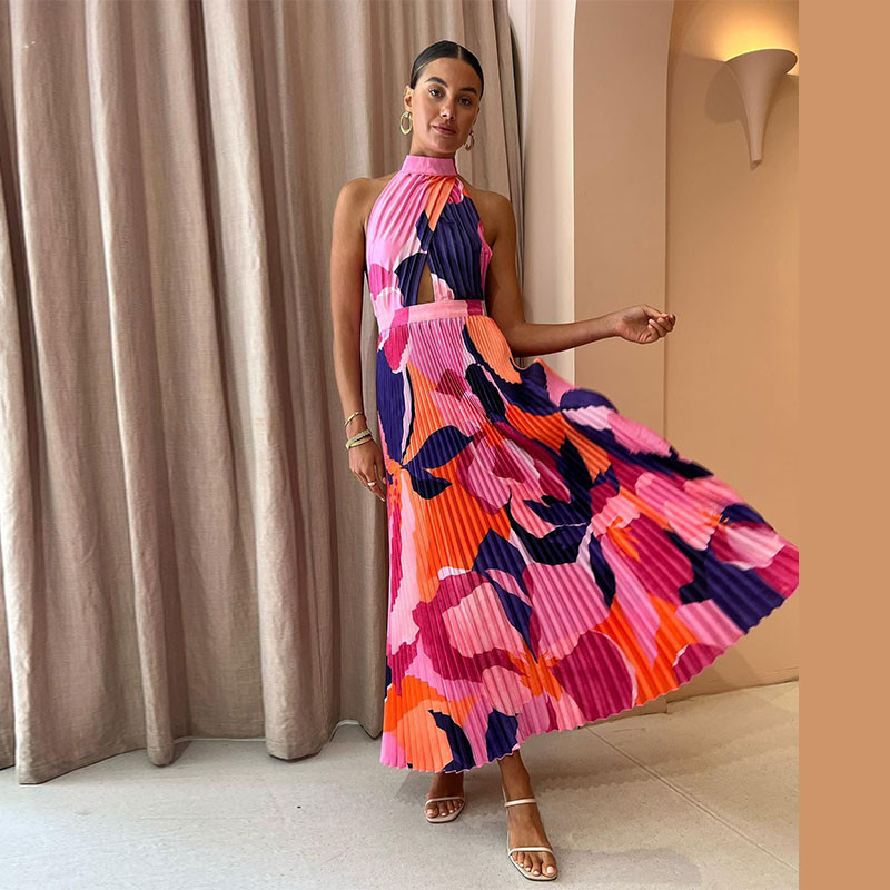 Elegantna haljina s V-izrezom i printom dugih rukava za žene Patchwork Split Maxi haljine 2023. Ljeto Jesen Chic Odmor Blagdanske Vestidos