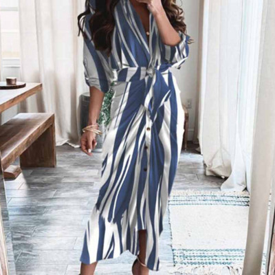 Καλοκαιρινό μάξι φόρεμα παραλίας ακανόνιστο βολάν Γυναικείο φλοράλ στάμπα μακρυμάνικο Κομψά γυναικεία φορέματα κορμάκι με ριγέ μακρύ φόρεμα