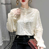 Francuska starinska jesen Nova plisirana čipkana bluza sa samostojećim ovratnikom Ženska baršunasta košulja s lanternastim rukavima Gornji dijelovi Ženska kardigan odjeća 12058