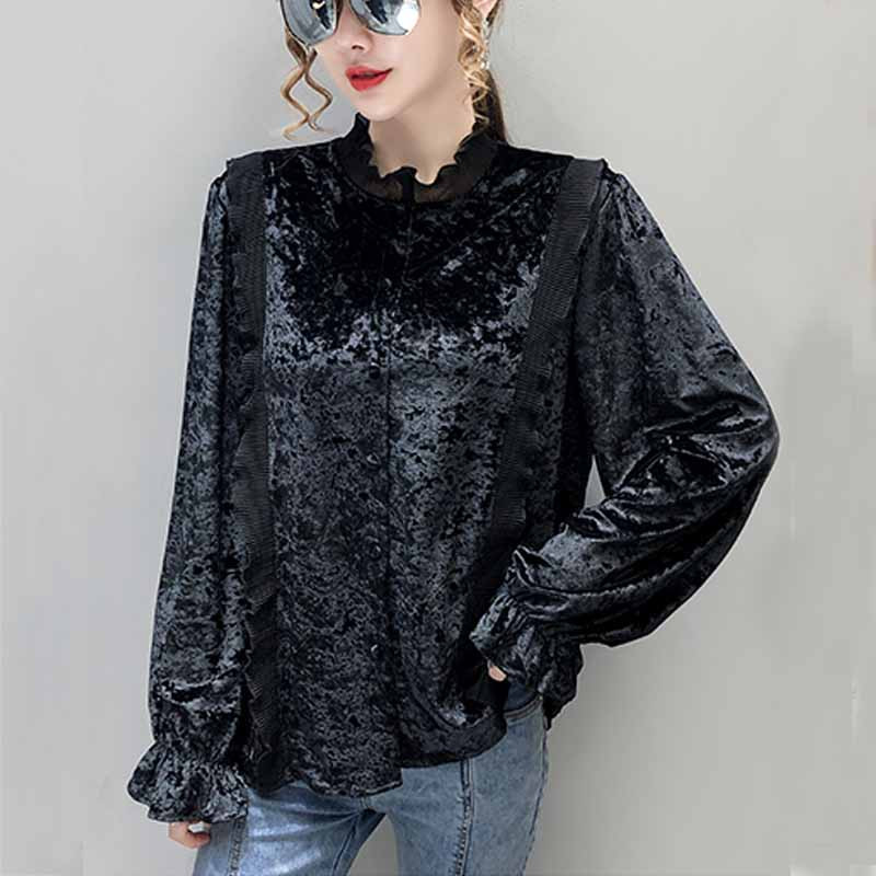 Francuska starinska jesen Nova plisirana čipkana bluza sa samostojećim ovratnikom Ženska baršunasta košulja s lanternastim rukavima Gornji dijelovi Ženska kardigan odjeća 12058