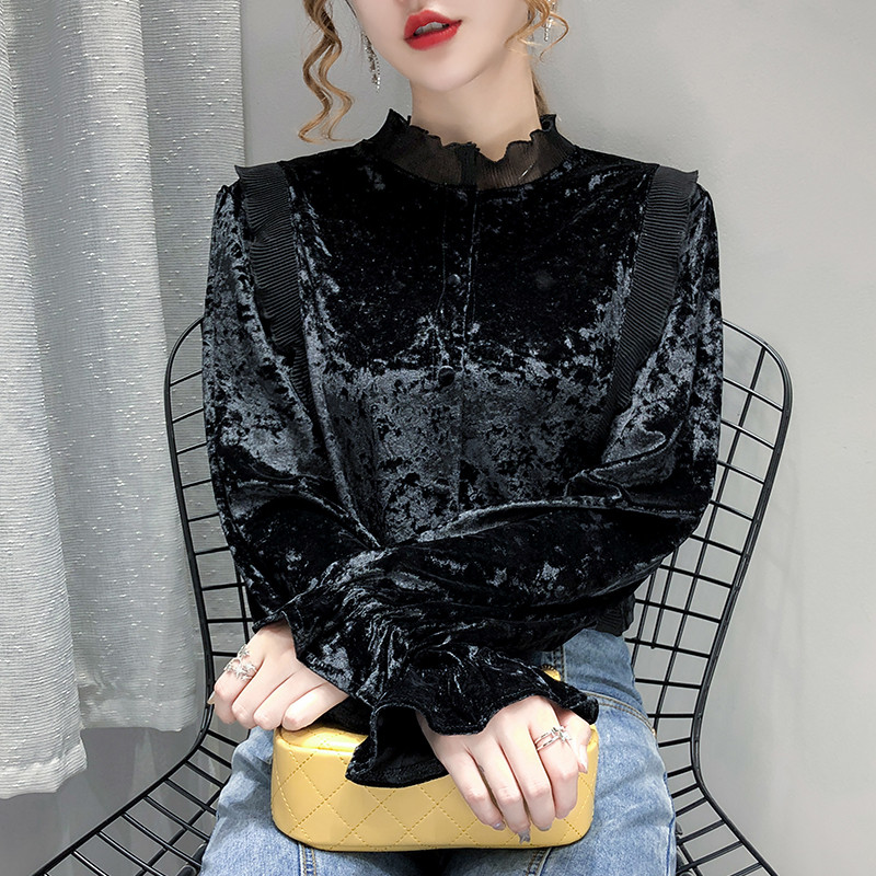 Francuska starinska jesen Nova plisirana čipkana bluza sa samostojećim ovratnikom Ženska baršunasta košulja s lanternastim rukavima Gornji dijelovi Ženska kardigan odjeća 12058