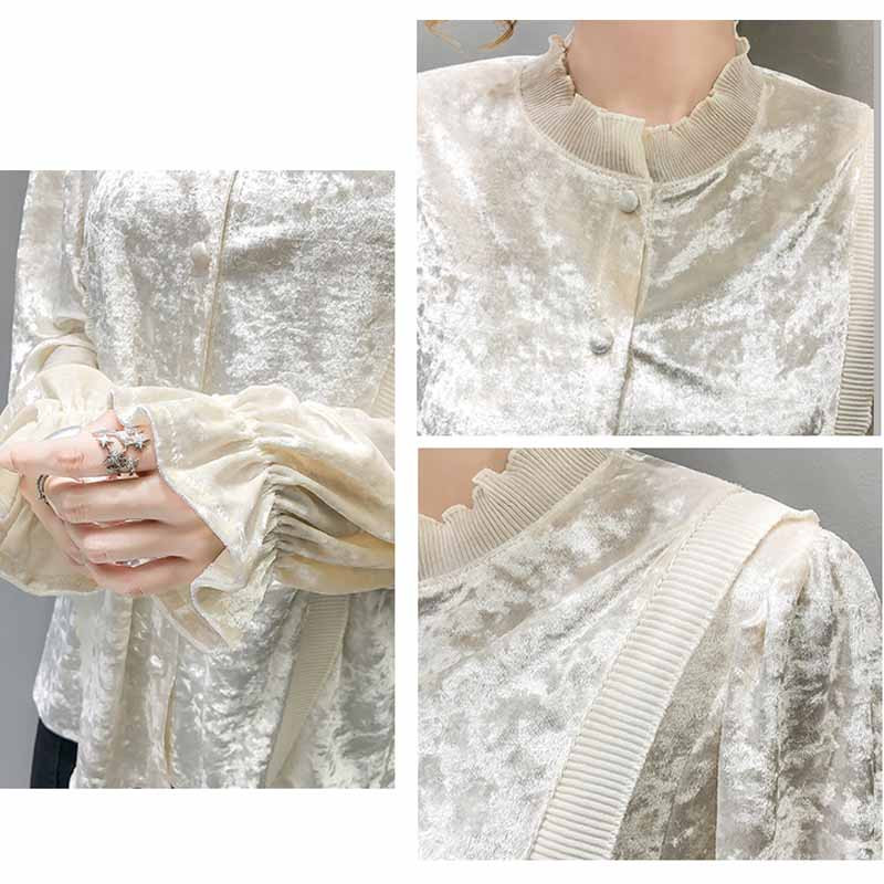 Francuska starinska jesen Nova plisirana čipkana bluza sa samostojećim ovratnikom Ženska baršunasta košulja s lanternastim rukavima Gornji dijelovi Ženska kardigan odjeća 12058