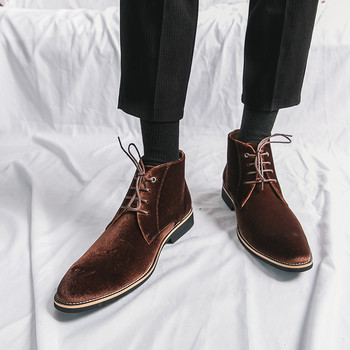 Модни ботуши Chelsea Мъжки джентълменски кадифени лачени британски мъжки високи обувки с връзки Маркови обувки Черно кафяво