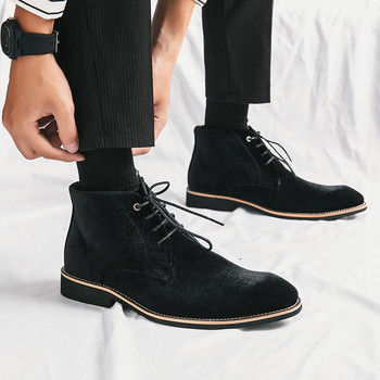 Модни ботуши Chelsea Мъжки джентълменски кадифени лачени британски мъжки високи обувки с връзки Маркови обувки Черно кафяво