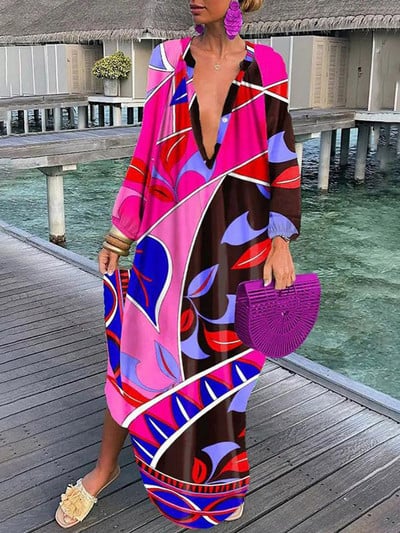 Rochii maxi de epocă pentru femei 2023 de vară sexy cu decolteu în V cu mânecă lungă cu imprimeu boho Rochii lungi pentru plajă pentru femei Robă elegantă