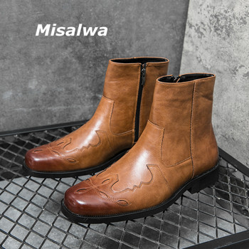 Misalwa West Cowboy Boots Men Brogue Shoes Zip Mens Motorcycle Boots Високи британски мъжки ботуши Chelsea Boots Plus Size
