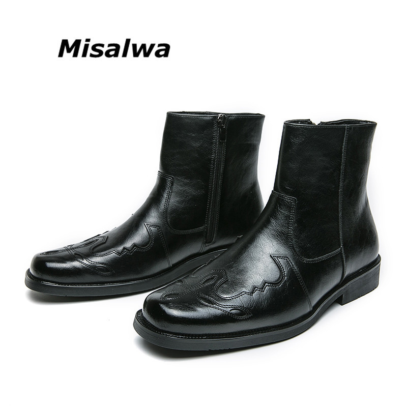 Misalwa West Cowboy Boots Vīriešu Brogue Kurpes ar rāvējslēdzēju Vīriešu motociklu zābaki High Top Britu vīriešu Chelsea lielizmēra zābaki