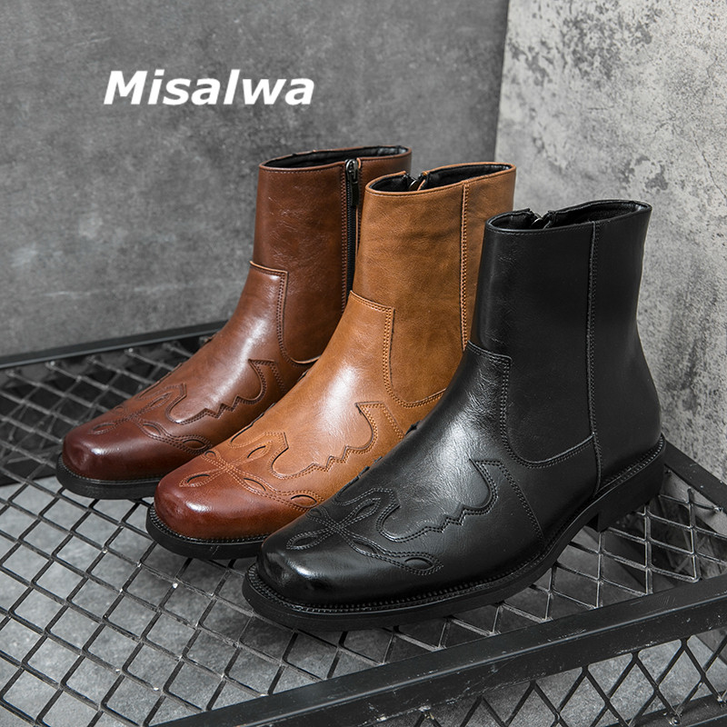 Misalwa West Cowboy Boots Vīriešu Brogue Kurpes ar rāvējslēdzēju Vīriešu motociklu zābaki High Top Britu vīriešu Chelsea lielizmēra zābaki