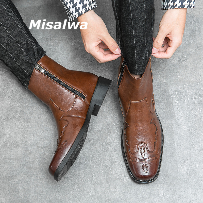 Misalwa West Cowboy Boots Vīriešu Brogue Kurpes ar rāvējslēdzēju Vīriešu motociklu zābaki High Top Britu vīriešu Chelsea lielizmēra zābaki