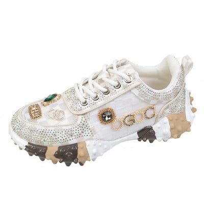 Pantofi pentru femei 2023, noi, cu strasuri, pentru femei, cu diamante, respirabile, de designeri de lux, ocazional, fund gros, pantofi pentru tată, pantofi pentru femei