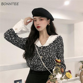 Bluze pentru femei, primăvară, toamnă, vintage, cămăși cu volane, imprimeu, decolteu în V, mâneci evazate, largi, modă pentru femei, zilnic, birou, stil coreean.