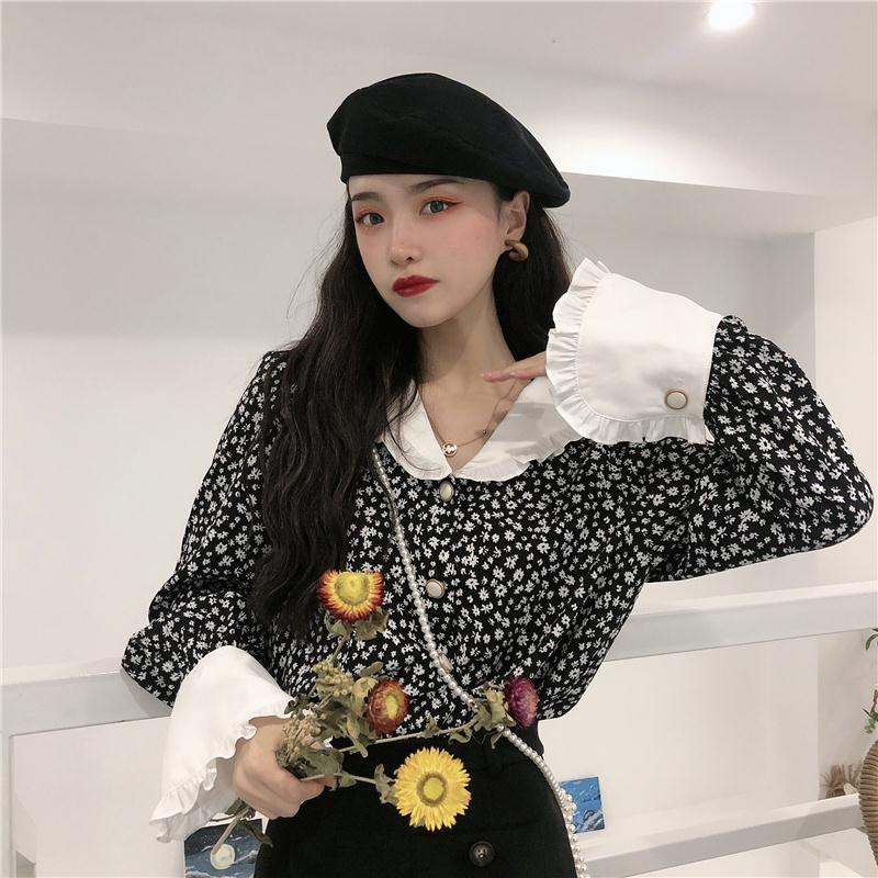 Bluze pentru femei, primăvară, toamnă, vintage, cămăși cu volane, imprimeu, decolteu în V, mâneci evazate, largi, modă pentru femei, zilnic, birou, stil coreean.