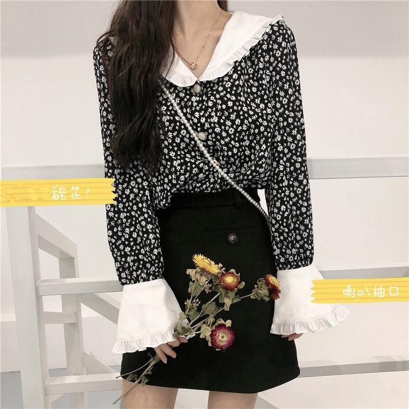 Bluze pentru femei, primăvară, toamnă, vintage, cămăși cu volane, imprimeu, decolteu în V, mâneci evazate, largi, modă pentru femei, zilnic, birou, stil coreean.