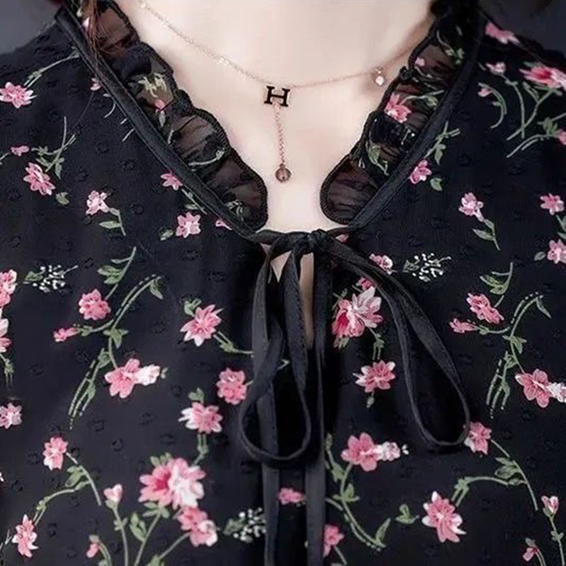 Oversized 6xl σιφόν φλοράλ μίντι γυναικείο φόρεμα Καλοκαιρινό Νέο Boho Robe Κομψό κοντό/μακρυμάνικο Vestidos Κορεατικά φορέματα με βολάν