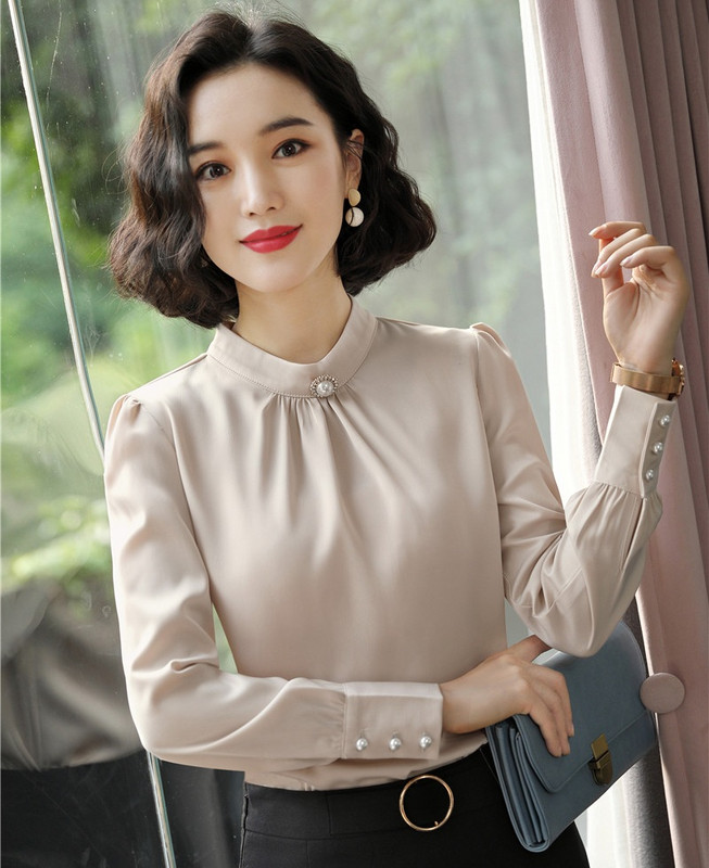 Modes Sieviešu darba blūzes un krekli Zili ar garām piedurknēm Sieviešu biroja apģērbi OL Stili