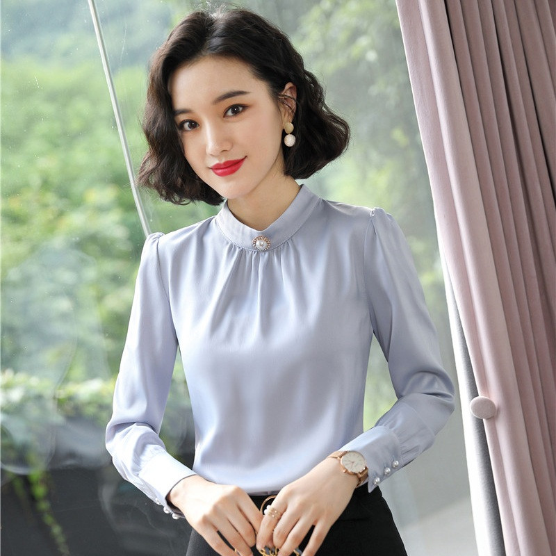 Modes Sieviešu darba blūzes un krekli Zili ar garām piedurknēm Sieviešu biroja apģērbi OL Stili