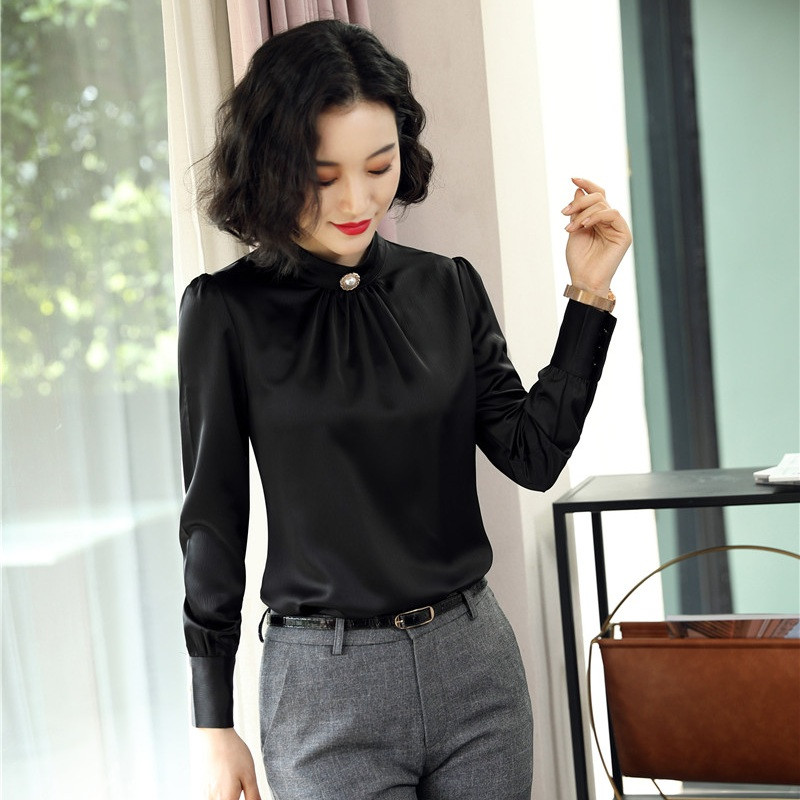 Modes Sieviešu darba blūzes un krekli Zili ar garām piedurknēm Sieviešu biroja apģērbi OL Stili