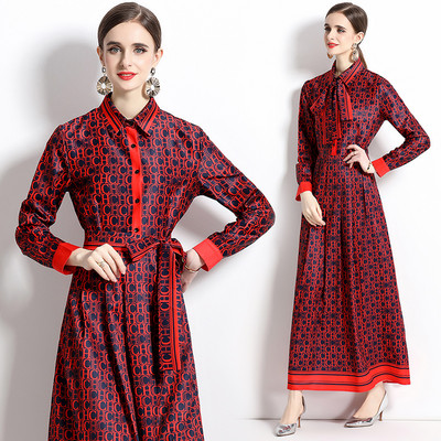 2023 New Fashion Runway Cămașă Maxi Rochie Femei Mâneci lungi Gât răsucit Vintage Litere Imprimare Talie înaltă șiret Up Robe de vacanță