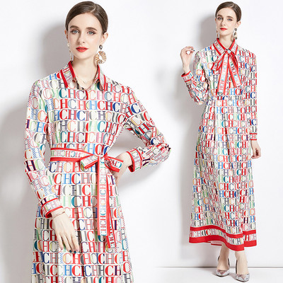2023 New Fashion Runway Cămașă Maxi Rochie Femei Mâneci lungi Gât răsucit Vintage Litere Imprimare Talie înaltă șiret Up Robe de vacanță