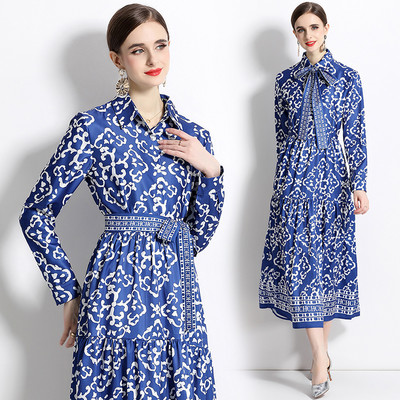 2023 New Fashion Runway Cămașă Maxi Rochie Femei Mâneci lungi Gât răsucit Vintage Litere Imprimare Talie înaltă șiret Up Robe de vacanță