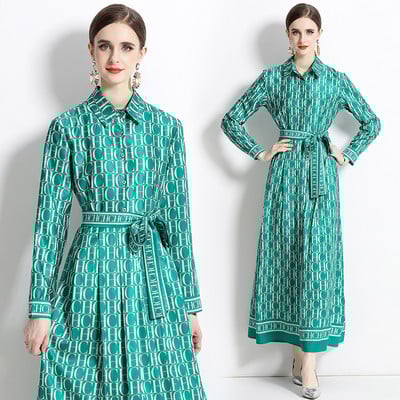 2023 New Fashion Runway Cămașă Maxi Rochie Femei Mâneci lungi Gât răsucit Vintage Litere Imprimare Talie înaltă șiret Up Robe de vacanță