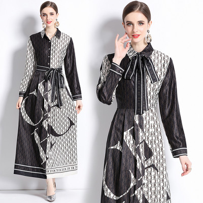 2023 New Fashion Runway Cămașă Maxi Rochie Femei Mâneci lungi Gât răsucit Vintage Litere Imprimare Talie înaltă șiret Up Robe de vacanță