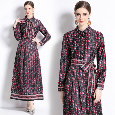 2023 New Fashion Runway Cămașă Maxi Rochie Femei Mâneci lungi Gât răsucit Vintage Litere Imprimare Talie înaltă șiret Up Robe de vacanță