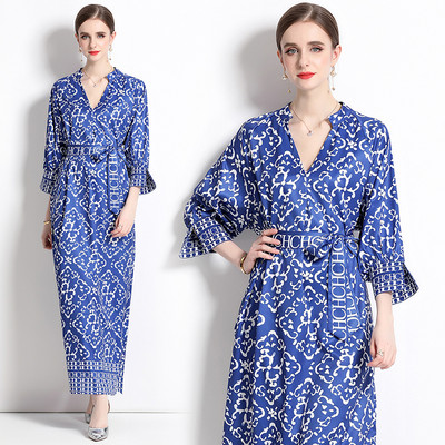 2023 New Fashion Runway Cămașă Maxi Rochie Femei Mâneci lungi Gât răsucit Vintage Litere Imprimare Talie înaltă șiret Up Robe de vacanță