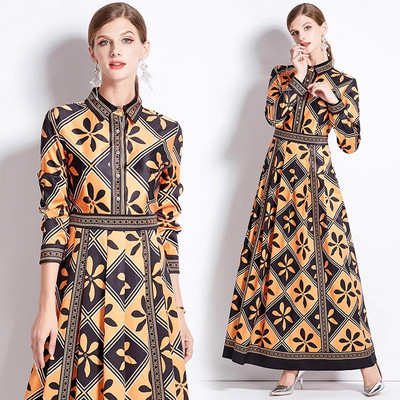 2023 New Fashion Runway Cămașă Maxi Rochie Femei Mâneci lungi Gât răsucit Vintage Litere Imprimare Talie înaltă șiret Up Robe de vacanță