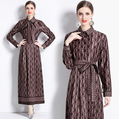 2023 New Fashion Runway Cămașă Maxi Rochie Femei Mâneci lungi Gât răsucit Vintage Litere Imprimare Talie înaltă șiret Up Robe de vacanță