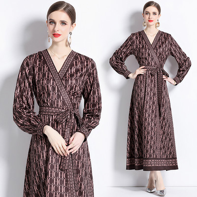 2023 New Fashion Runway Cămașă Maxi Rochie Femei Mâneci lungi Gât răsucit Vintage Litere Imprimare Talie înaltă șiret Up Robe de vacanță