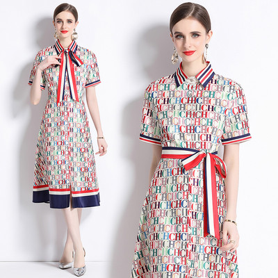 2023 New Fashion Runway Cămașă Maxi Rochie Femei Mâneci lungi Gât răsucit Vintage Litere Imprimare Talie înaltă șiret Up Robe de vacanță