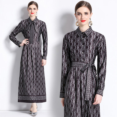 2023 New Fashion Runway Cămașă Maxi Rochie Femei Mâneci lungi Gât răsucit Vintage Litere Imprimare Talie înaltă șiret Up Robe de vacanță