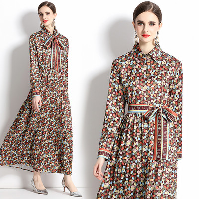2023 New Fashion Runway Cămașă Maxi Rochie Femei Mâneci lungi Gât răsucit Vintage Litere Imprimare Talie înaltă șiret Up Robe de vacanță
