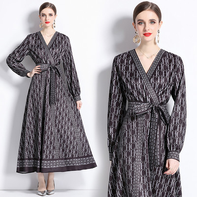 2023 New Fashion Runway Cămașă Maxi Rochie Femei Mâneci lungi Gât răsucit Vintage Litere Imprimare Talie înaltă șiret Up Robe de vacanță
