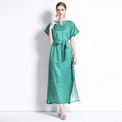 2023 New Fashion Runway Cămașă Maxi Rochie Femei Mâneci lungi Gât răsucit Vintage Litere Imprimare Talie înaltă șiret Up Robe de vacanță