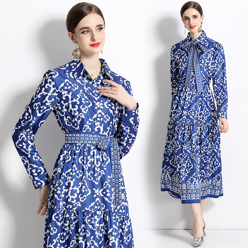 2023 New Fashion Runway Cămașă Maxi Rochie Femei Mâneci lungi Gât răsucit Vintage Litere Imprimare Talie înaltă șiret Up Robe de vacanță