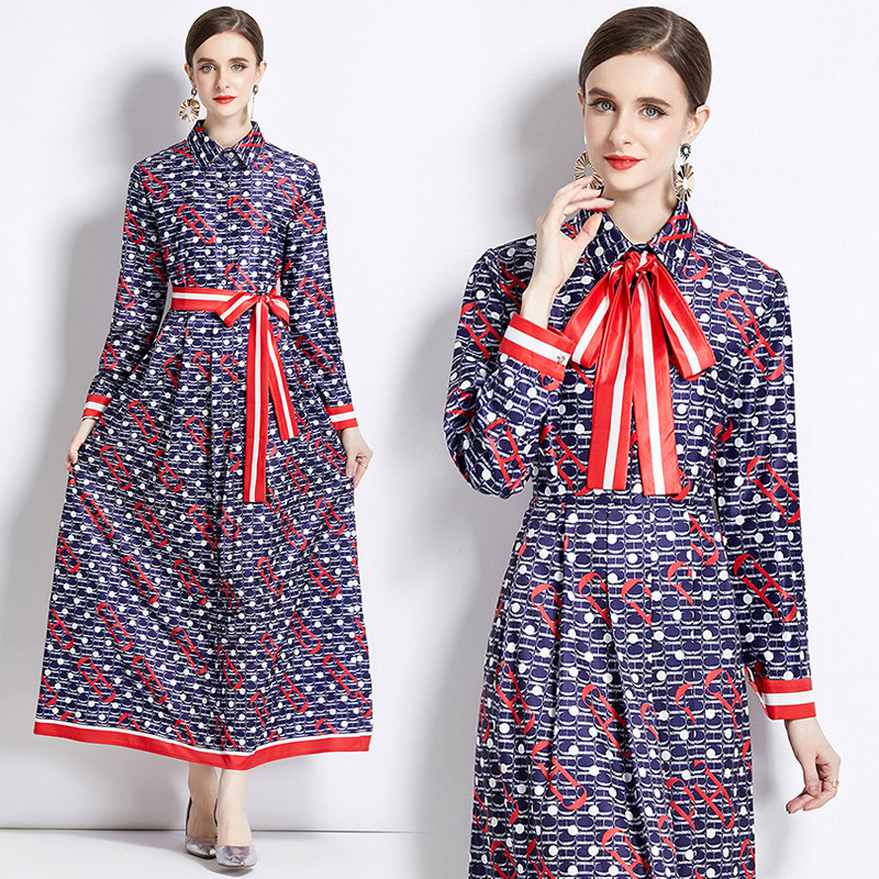 2023 New Fashion Runway Cămașă Maxi Rochie Femei Mâneci lungi Gât răsucit Vintage Litere Imprimare Talie înaltă șiret Up Robe de vacanță