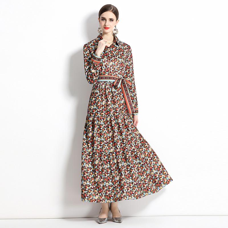 2023 New Fashion Runway Cămașă Maxi Rochie Femei Mâneci lungi Gât răsucit Vintage Litere Imprimare Talie înaltă șiret Up Robe de vacanță