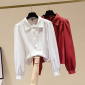 Blusas Elegantes Ženska proljetna nova retro široka košulja s lanternastim rukavima Crveno bijela ženska šifonska bluza za uredske ženske majice Top