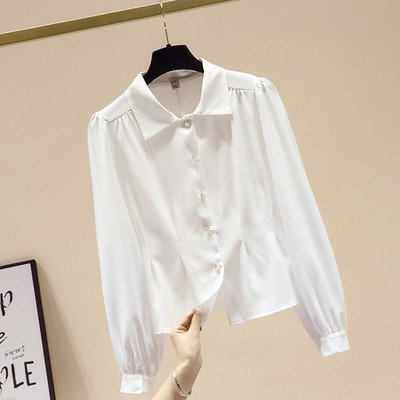 Blusas Elegantes Ženska proljetna nova retro široka košulja s lanternastim rukavima Crveno bijela ženska šifonska bluza za uredske ženske majice Top