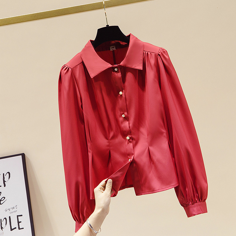 Blusas Elegantes Ženska proljetna nova retro široka košulja s lanternastim rukavima Crveno bijela ženska šifonska bluza za uredske ženske majice Top