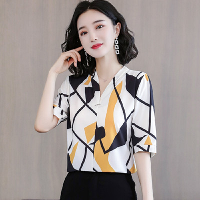 Ropa De Mujer Vară Nouă Bluză din șifon Cerneală de imprimare neregulată Coreeană Decolteu în V Cămașă de femeie cu mânecă scurtă cu imprimeu geometric 9772